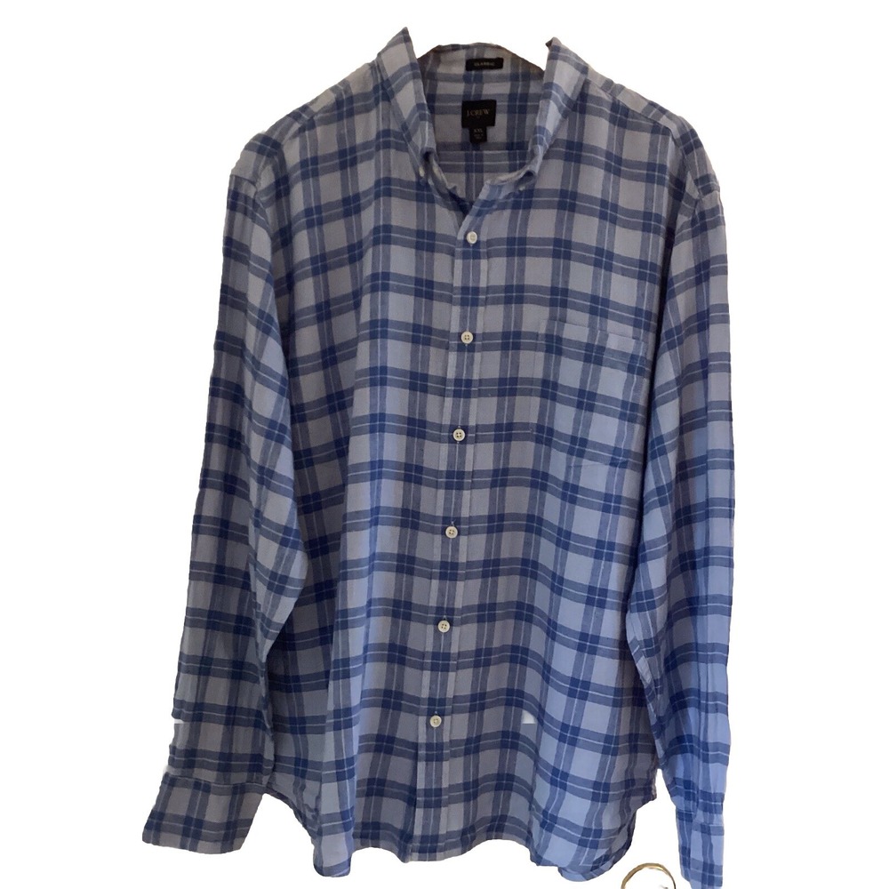 J Crew Shirt Men's XXL Blue Regular Plaid Linen Cotton Blend Button Down